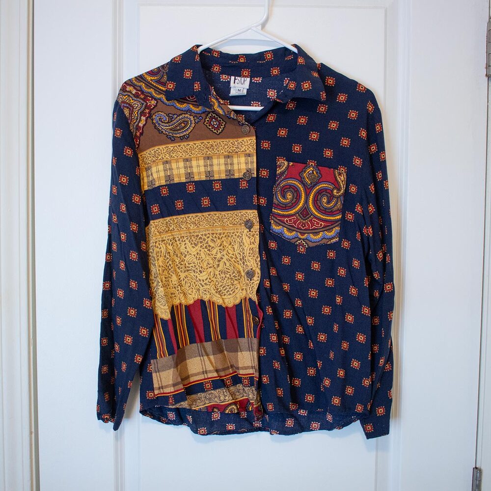 Eclectic VTG F Stop Shirt Mixed Patchwork Print Western Button M | True Autumn